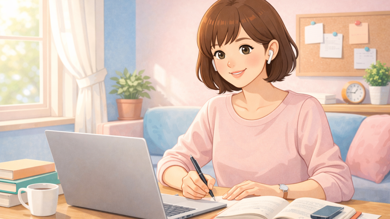 40代女性のブログ用アバター、柔らかい表情で肩までの茶髪、パステルカラーの服、学習用イヤホンと本を持つ