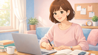 40代女性のブログ用アバター、柔らかい表情で肩までの茶髪、パステルカラーの服、学習用イヤホンと本を持つ