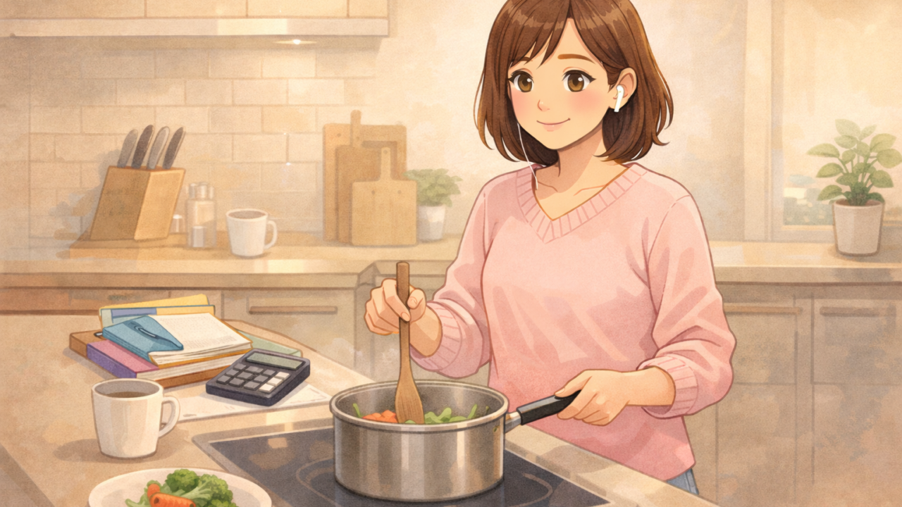 40代の女性がキッチンで料理をしながら、ワイヤレスイヤホンで講座を聞いて学習している様子。机の上にはノートや教科書、電卓が置かれ、柔らかい自然光とパステルカラーの背景で家庭的な雰囲気を演出。