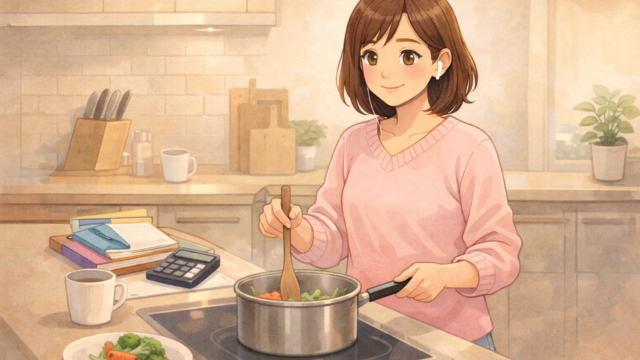 40代の女性がキッチンで料理をしながら、ワイヤレスイヤホンで講座を聞いて学習している様子。机の上にはノートや教科書、電卓が置かれ、柔らかい自然光とパステルカラーの背景で家庭的な雰囲気を演出。