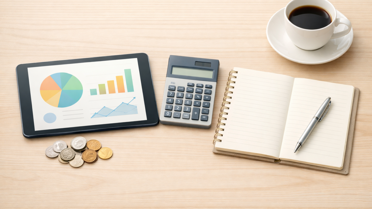 家計管理をイメージしたデスクの俯瞰画像。タブレットに抽象的なグラフが表示され、電卓やノート、コーヒー、コインが整然と並んでいるミニマルな構図