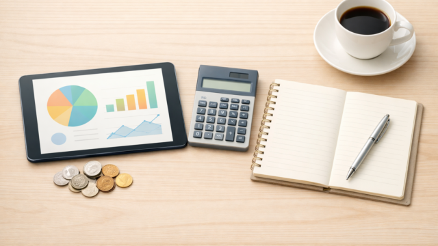 家計管理をイメージしたデスクの俯瞰画像。タブレットに抽象的なグラフが表示され、電卓やノート、コーヒー、コインが整然と並んでいるミニマルな構図