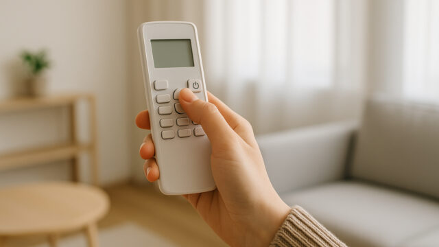 固定費見直し 電気代節約 エアコンのリモコンを持つ手 サーキュレーター活用