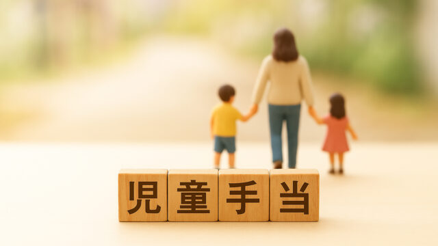 児童手当 木製ブロックと家族のフィギュア 子どもの教育資金をイメージ
