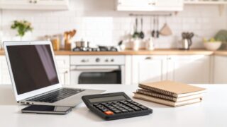 キッチンカウンターで家計管理 電卓とノートPCと家計簿ノート