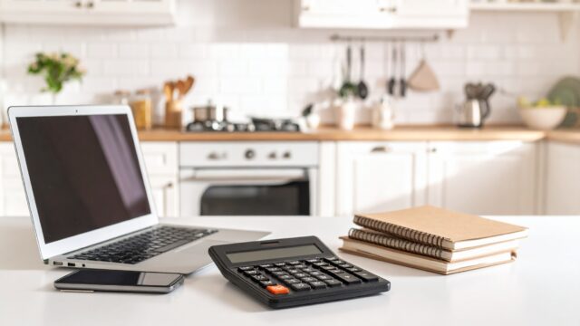 キッチンカウンターで家計管理 電卓とノートPCと家計簿ノート