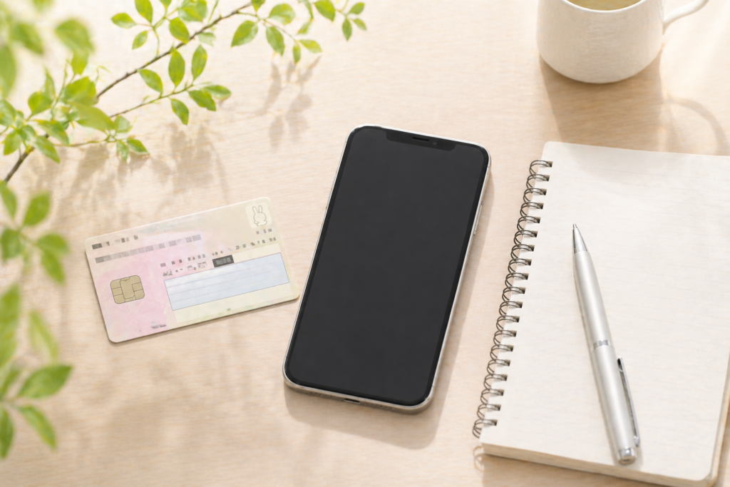 マイナンバーカードとスマートフォンとノートが並ぶ口座開設準備のイメージ