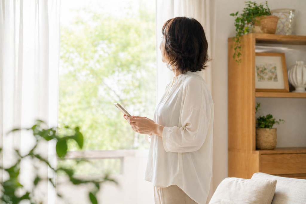 スマホを持ち窓の外を見つめる女性・投資の一歩を踏み出すイメージ